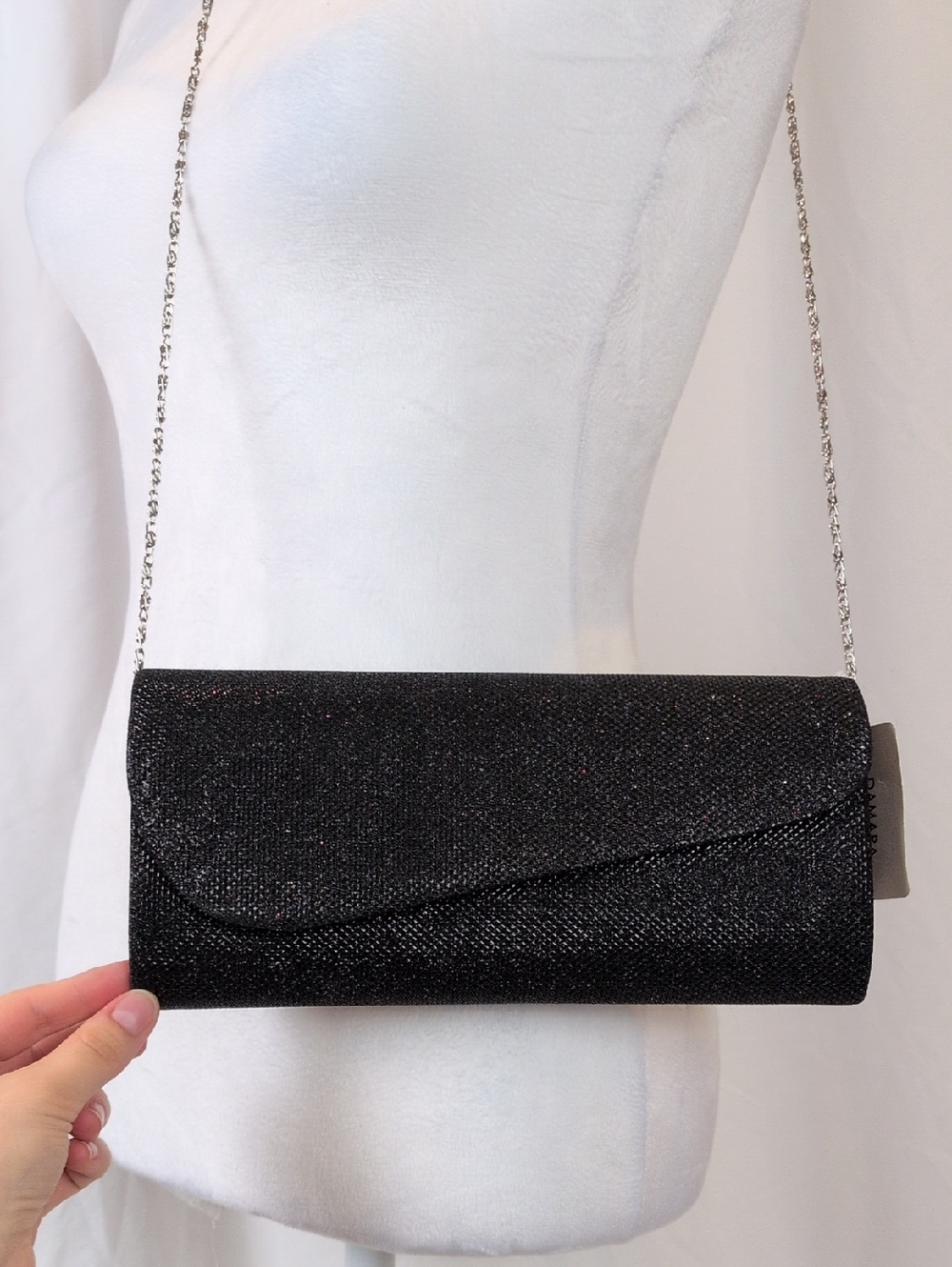 NWT Damara Glittery Black Evening Clutch Bag with Chain Strap